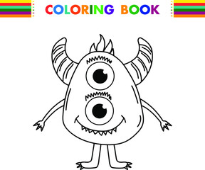 Funny and cute Alien monster with three eyes for kids. Imaginary creature for children coloring book, black and white outline fantasy cartoon for coloring pages.