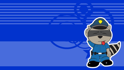 standing raccoon cartoon cop costume expression background in vector format