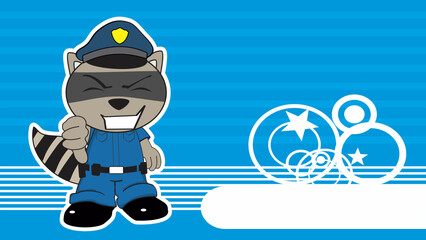 standing raccoon cartoon cop costume expression background in vector format
