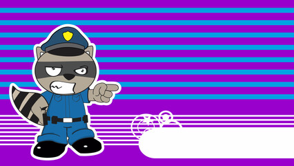 standing raccoon cartoon cop costume expression background in vector format