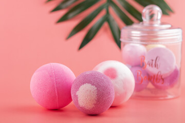 bath bomb, pink body salt balls, organic cosmetics, sizzling bubbles, gift set