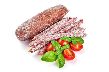 Salami sticks, isolated on white background.