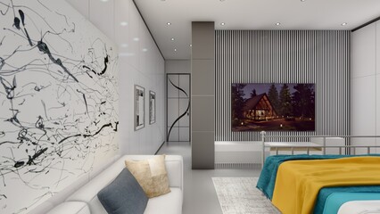 Bedroom interior design with armchair inside and art work mock up 3d illustration