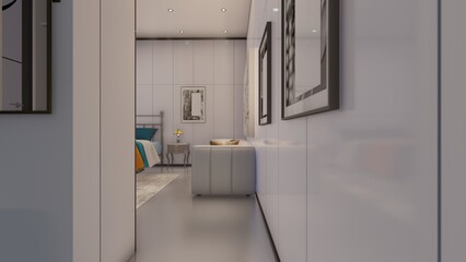 Bedroom interior corridor design with armchair inside and art work mock up 3d illustration