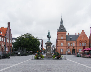 Equestrian statue of Christian IX in Main plaza of Esbjerg, a coastal city in Jutland, Denmark. 