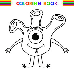 Funny and cute Alien monster with three eyes for kids. Imaginary creature for children coloring book, black and white outline fantasy cartoon for coloring pages.