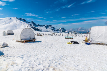 A view across a musher camp on the Denver glacier close to Skagway, Alaska in summertime