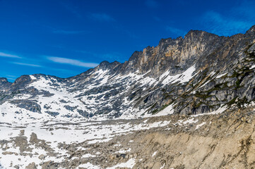 An aerial view of the mountain walls around the Denver glacier close to Skagway, Alaska in summertime