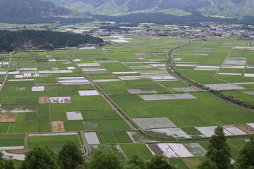 The countryside at the foot of Mount Aso, an active volcano in Japan