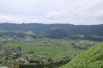 Japan's active volcano Mount Aso's foothills in the countryside