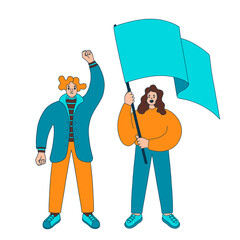 Two people shouts, raise hand and wave flag, supporting the protests. Flat design colorful illustration with woman and man isolated on white.