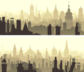 Set of horizontal wide banners of with old part of the historical city with steeples and spires. - 516037078