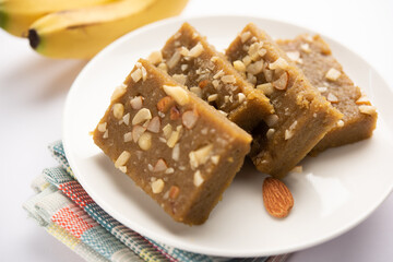 Banana Burfi or pakke kele ki barfi is a delicious Indian dessert made during festivals and special occasions
