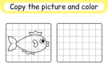 Copy the picture and color fish. Complete the picture. Finish the image. Coloring book. Educational drawing exercise game for children