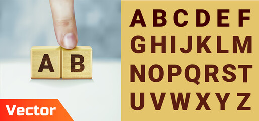 two wooden cubes in row. Wooden cube blocks with letter.