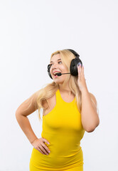 girl dispatcher with headphones and microphone on a white background