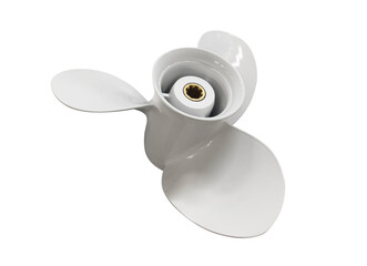 New white screw for a motor boat. Three bladed propeller isolated over white background. Outboard engine propeller isolated.