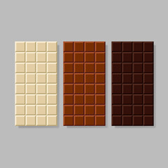 Set of dark, milk and white chocolate bar. Dessert template. Vector illustration mock up isolated on grey.	