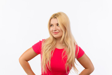 a girl in a pink dress on a white background looks at another person