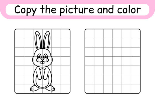 Copy the picture and color rabbit. Complete the picture. Finish the image. Coloring book. Educational drawing exercise game for children