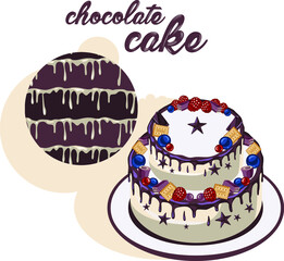Сhocolate cake with a filling image. Composition, sweet design. Vector