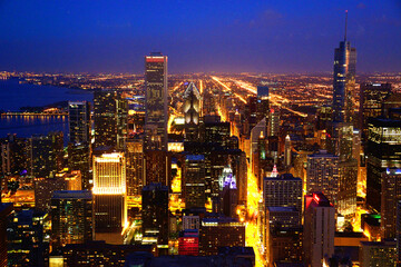 Fototapeta premium A twilight scene of Chicago, Illinois, shot from inside the Willis Tower