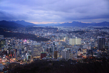 A view of Seoul, South Korea at dusk, shot from Namsan Park
