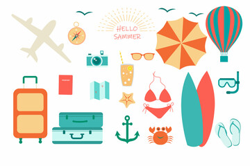 Beach set, accessories for sea holidays. Bright colorful vector illustration isolated on white background