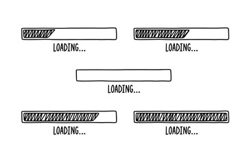 Loading bars drawn hand. Set outline doodle bars with different percent. Cartoon vector loading. 