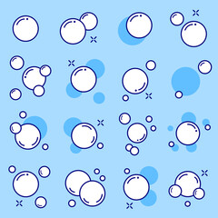 Bubbles vector flat line icons set. Soap foam, soap bubbles, fizzy drink, oxygen bubble pictogram, effervescent effect vector illustrations, soap texture, outline signs. Editable Strokes.
