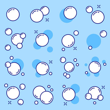 Bubbles vector flat line icons set. Soap foam, soap bubbles, fizzy drink, oxygen bubble pictogram, effervescent effect vector illustrations, soap texture, outline signs. Editable Strokes.