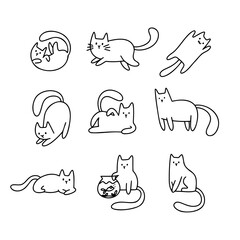 Set outline cartoon doodle hand drawn cats. Cute pet variable line character. 