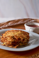 Potatoes pancakes latkes, flapjacks, hash brown. Traditional american breakfast