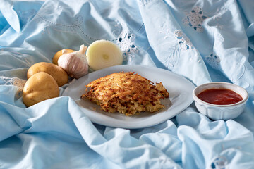 Potatoes pancakes latkes, flapjacks, hash brown. Traditional american breakfast