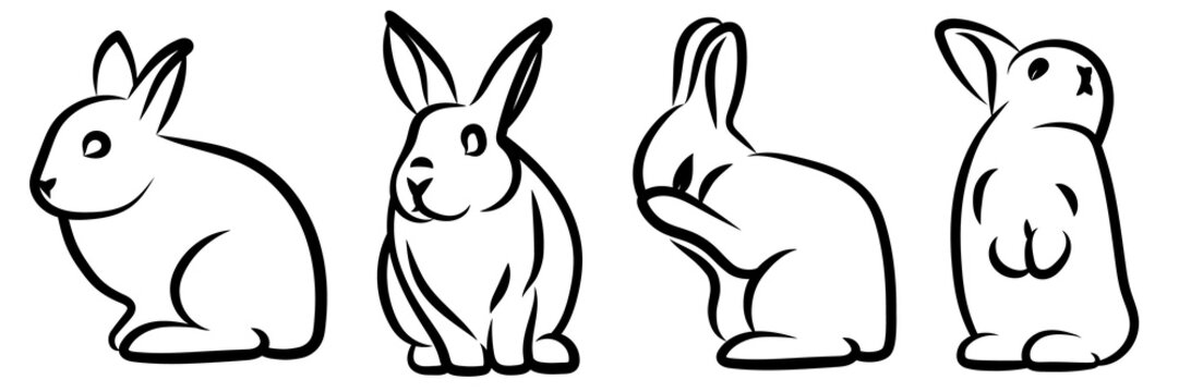 Set of Rabbits. Abstract, Line, Silhouettes. Celebration. Easter. Chinese Calendar 1951, 1963, 1975, 1987, 1999, 2011, 2023, 2035, 2047, 2059, 2071 years.