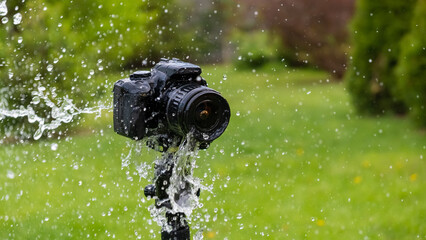 A digital camera on a tripod in the rain