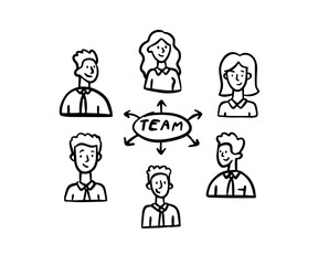 Team office doodle outline. People business portraits sketch drawn.