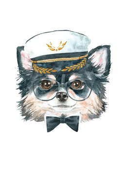 Watercolor Dog Breed Black Long-haired Chihuahuain Navy Officer Hat Illustration, Dog Head Hipster Portrait, Dog In Funny Hat, Puppy Fashion Print, Cute Baby Dog Isolated On White Background Printable