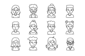 Faces outline doodle people set. Human Avatars Collection. Drawing Old and young age.
