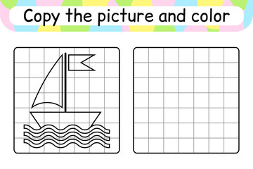 Copy the picture and color ship. Complete the picture. Finish the image. Coloring book. Educational drawing exercise game for children