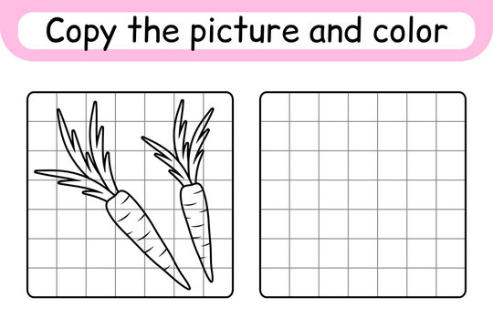 Copy the picture and color carrot. Complete the picture. Finish the image. Coloring book. Educational drawing exercise game for children