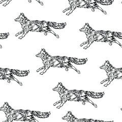 Naklejka premium Sketch wolf, animals vector seamless pattern isolated on white background. Concept for print, cards, mascot, wallpapers, fabric texture