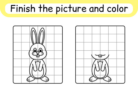 Complete the picture rabbit. Copy the picture and color. Finish the image. Coloring book. Educational drawing exercise game for children