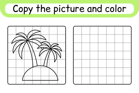 Copy the picture and color palm. Complete the picture. Finish the image. Coloring book. Educational drawing exercise game for children