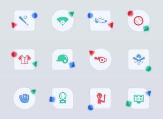 baseball glass morphism trendy style icons. baseball transparent glass color vector icon with color figures. for web and ui design, mobile apps and promo business advertising