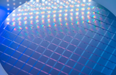 silicon wafer semiconductor with neon color, integrated circuits to manufacture CPU and GPU