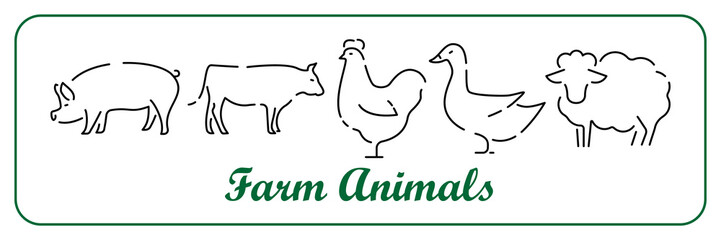 Fototapeta na wymiar Farm animals, thin line style, flat design. Vector line icons set