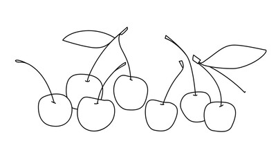 Set of cherries or sweet cherries with leaves and stalks. Linear illustration.