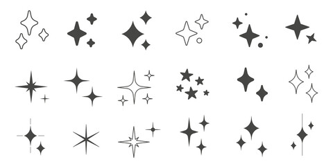 Set of Clean shining icons. Sparkle Sign. Star icons. Twinkling stars. Sparkles, shining burst. sparkle silhouette. Star emojis. Twinkle star shapes vector design. Bright firework, decoration twinkle.