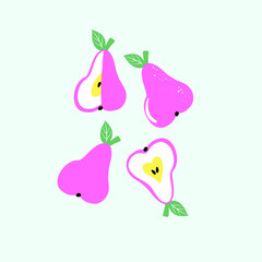 Four cute pink pears on blue background. Fruits composition. Illustrations of fruits for banner, t-shirt, modern birthday card